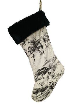 Black Faux Fur Cuffed Christmas Stocking With Winter Village Toile Print